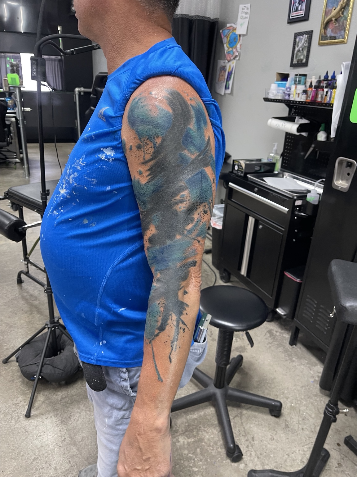 Completed abstract blackwork sleeve, full arm view