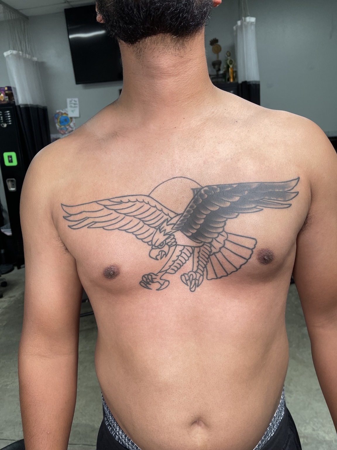 Eagle chest tattoo outline and process stage