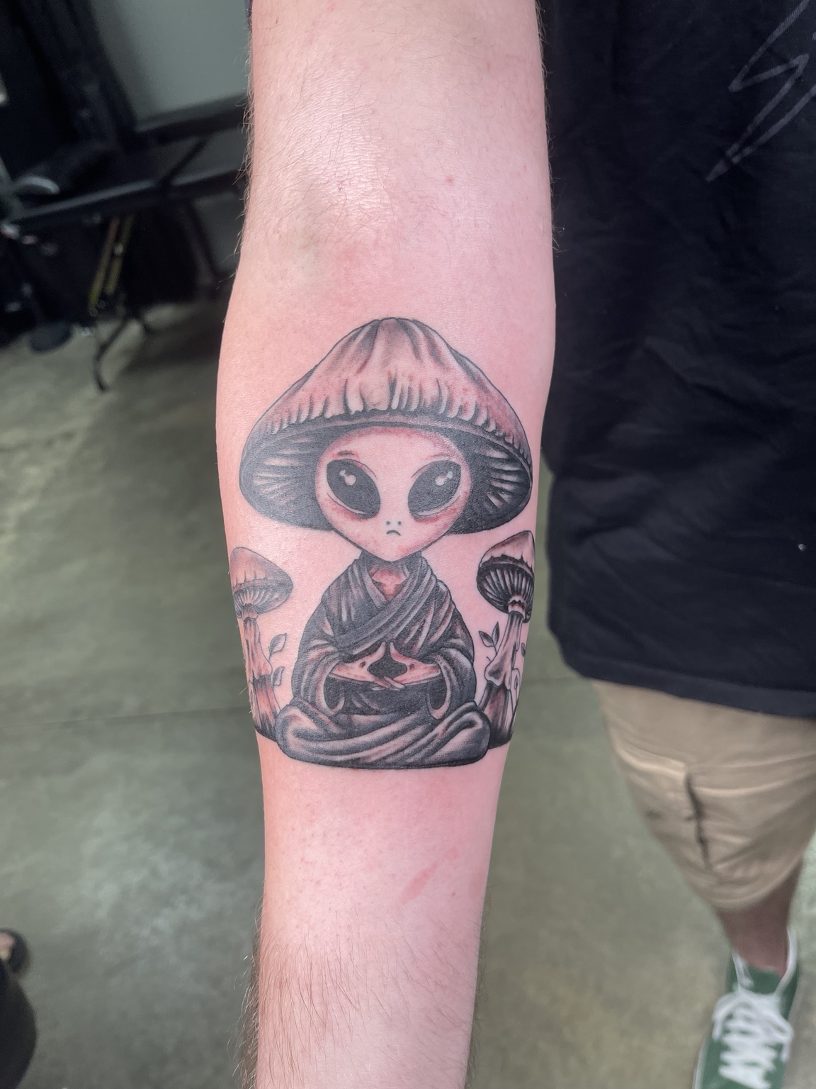 Mushroom character forearm tattoo alternate view