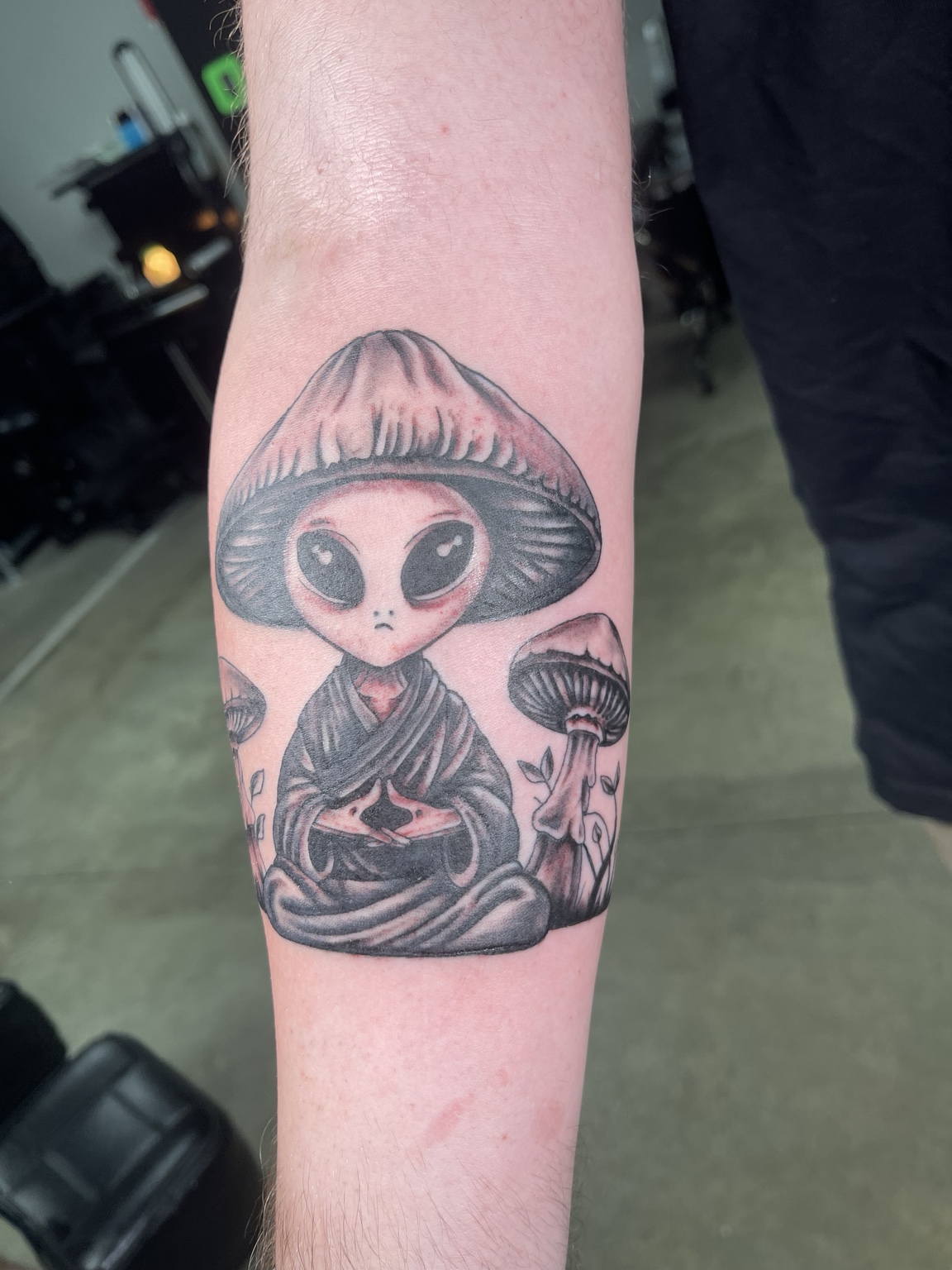 Mushroom character forearm tattoo third view