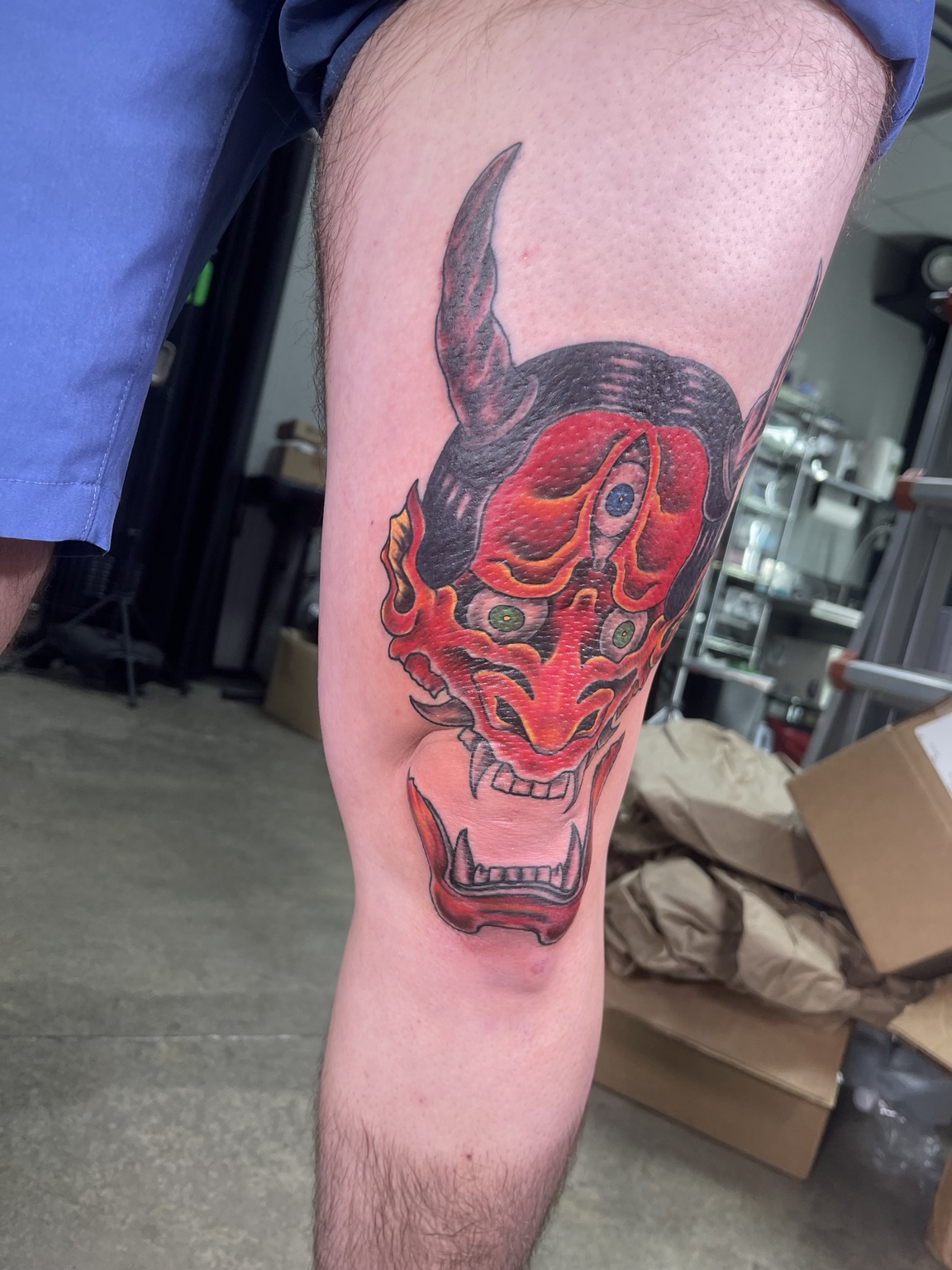 Color oni mask leg tattoo side angle