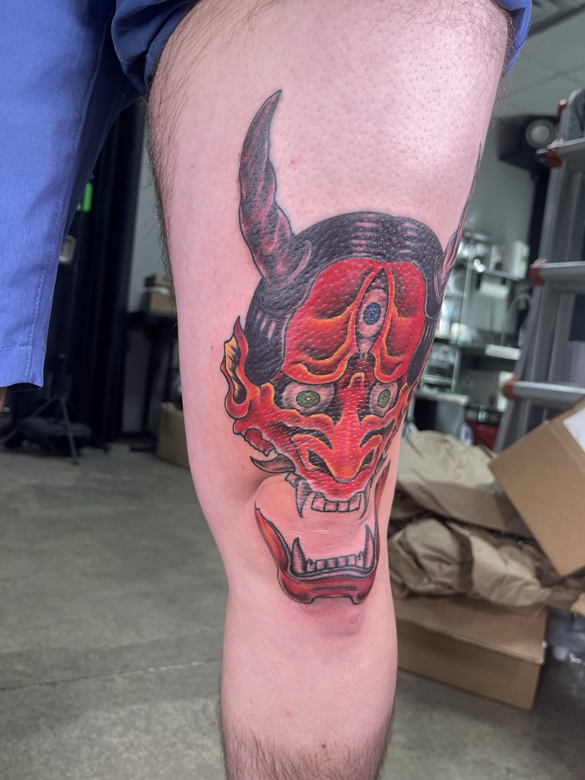 Color oni mask leg tattoo additional angle