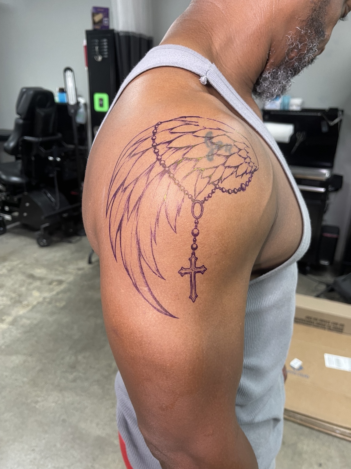 Wing shoulder tattoo linework stage
