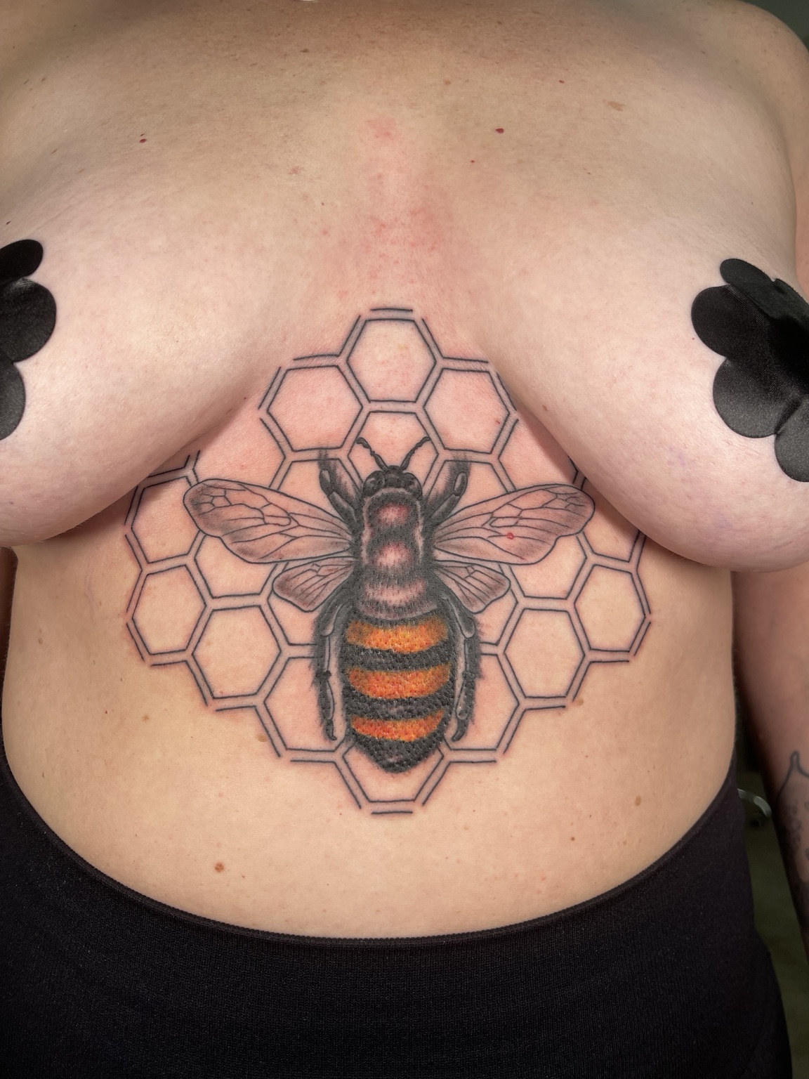 Bee and honeycomb chest tattoo first view