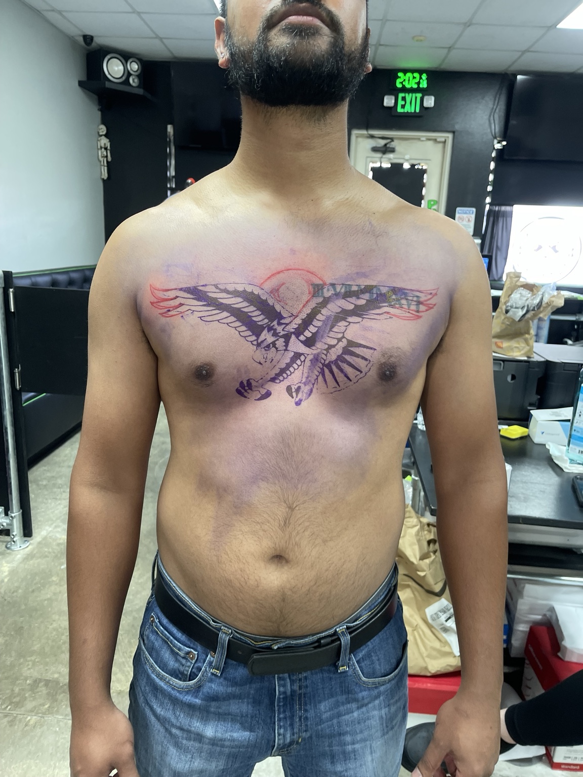 Purple transfer stage for eagle chest tattoo