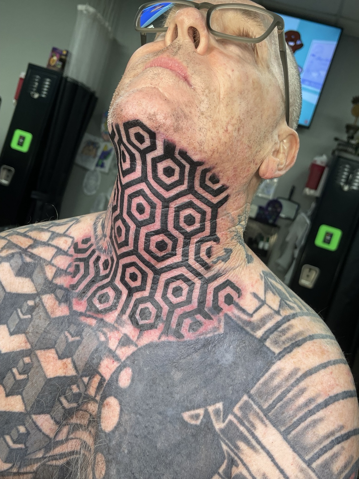 Geometric neck tattoo alternate view