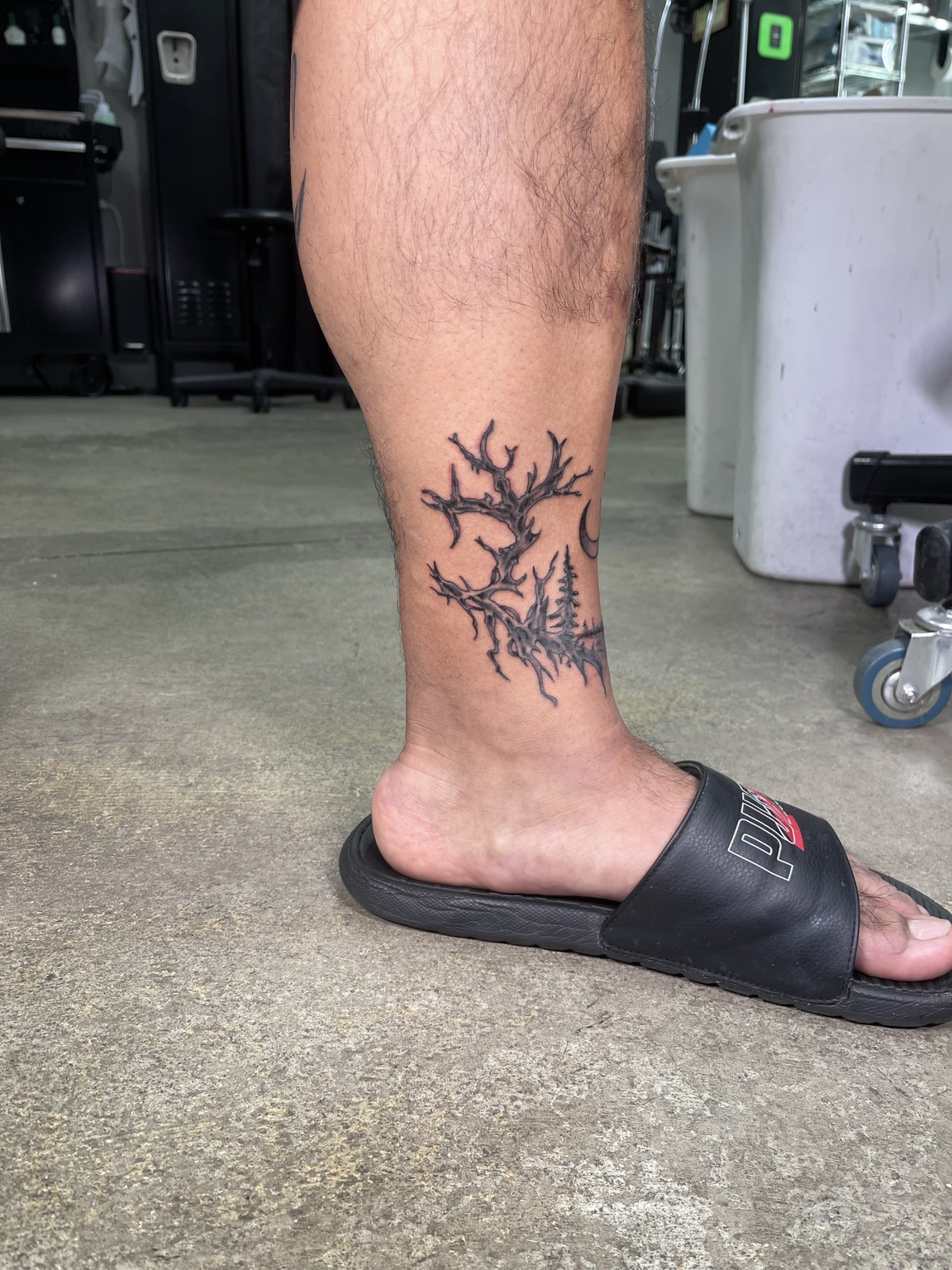 Branch style lower leg tattoo rear view